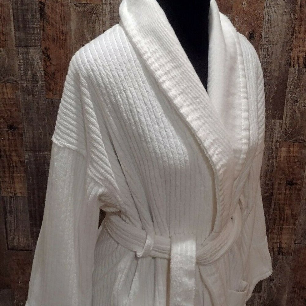 RIB WHITE 100% COTTON CHENILLE TERRY CLOTH FULL LENGTH WRAP ROBE SZ S/M EUC